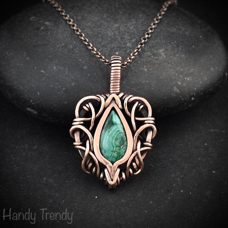 Malachite pendant, Free flow copper wire wrapped necklace, Unique handmade One of a kind Artisan boho jewelry