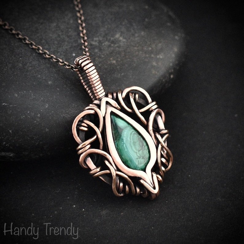 Malachite pendant, Free flow copper wire wrapped necklace, Unique handmade One of a kind Artisan boho jewelry