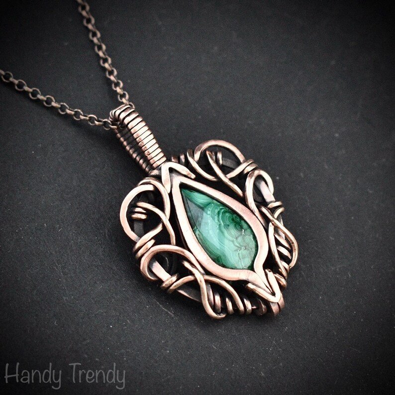 Malachite pendant, Free flow copper wire wrapped necklace, Unique handmade One of a kind Artisan boho jewelry