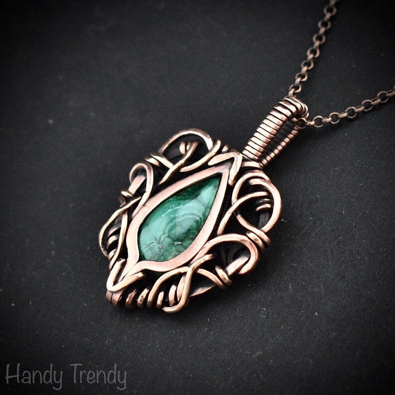 Malachite pendant, Free flow copper wire wrapped necklace, Unique handmade One of a kind Artisan boho jewelry