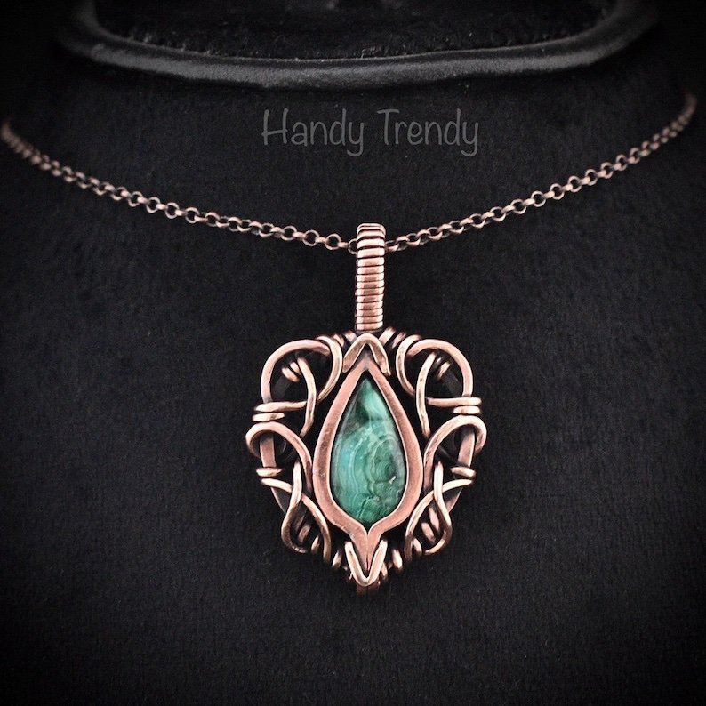 Malachite pendant, Free flow copper wire wrapped necklace, Unique handmade One of a kind Artisan boho jewelry