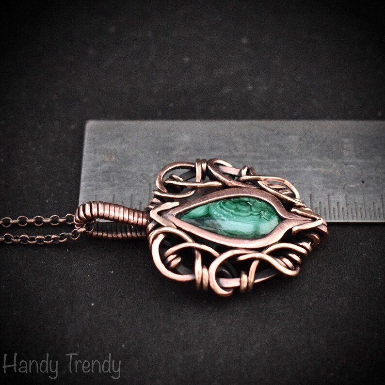 Malachite pendant, Free flow copper wire wrapped necklace, Unique handmade One of a kind Artisan boho jewelry