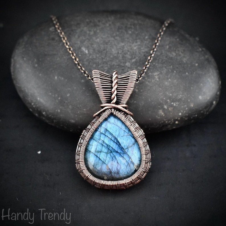 Blue labradorite pendant, Copper wire wrapped jewelry, Unique handmade gift, Artisan jewelry, One of a kind necklace