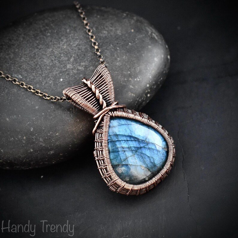 Blue labradorite pendant, Copper wire wrapped jewelry, Unique handmade gift, Artisan jewelry, One of a kind necklace