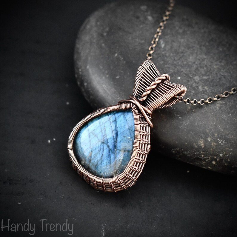 Blue labradorite pendant, Copper wire wrapped jewelry, Unique handmade gift, Artisan jewelry, One of a kind necklace