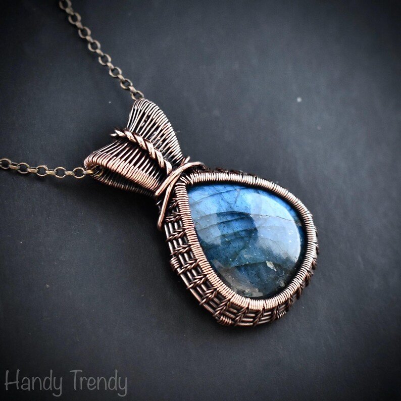 Blue labradorite pendant, Copper wire wrapped jewelry, Unique handmade gift, Artisan jewelry, One of a kind necklace