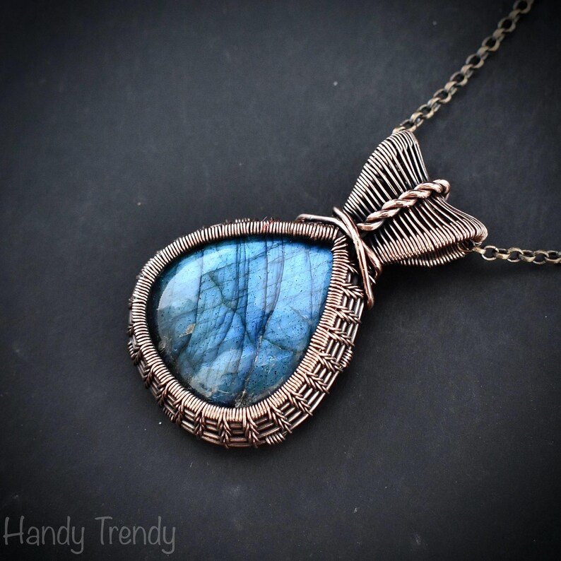 Blue labradorite pendant, Copper wire wrapped jewelry, Unique handmade gift, Artisan jewelry, One of a kind necklace
