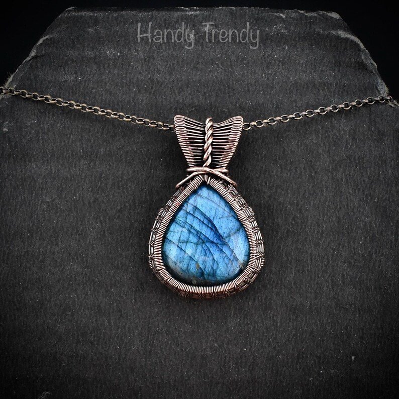 Blue labradorite pendant, Copper wire wrapped jewelry, Unique handmade gift, Artisan jewelry, One of a kind necklace