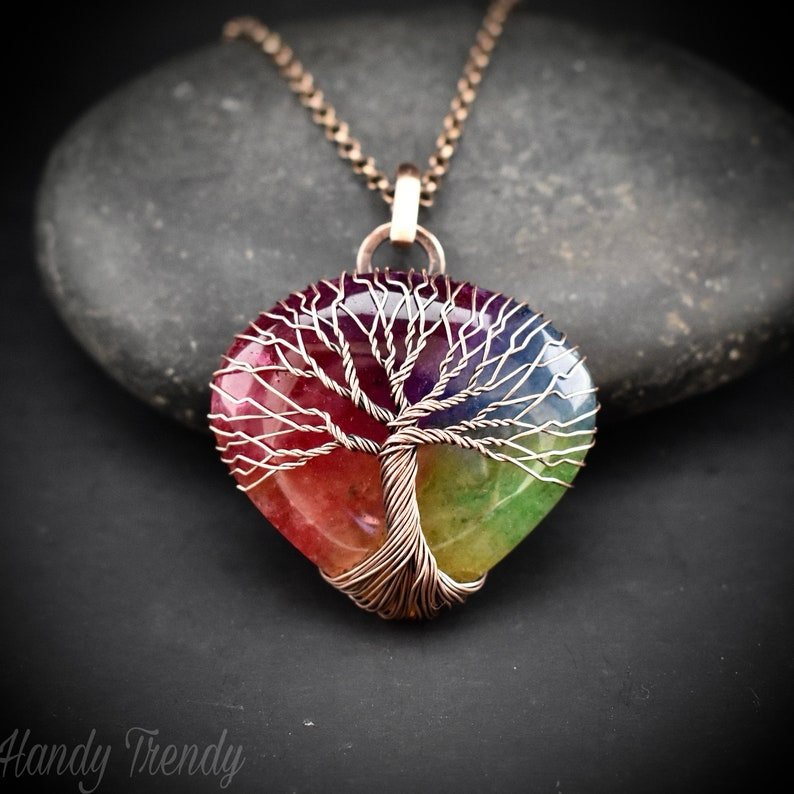 Rainbow solar quartz tree of life pendant, Copper wire wrapped jewelry, Unique handmade gift, Botenical artisan jewelry