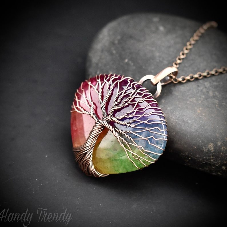 Rainbow solar quartz tree of life pendant, Copper wire wrapped jewelry, Unique handmade gift, Botenical artisan jewelry