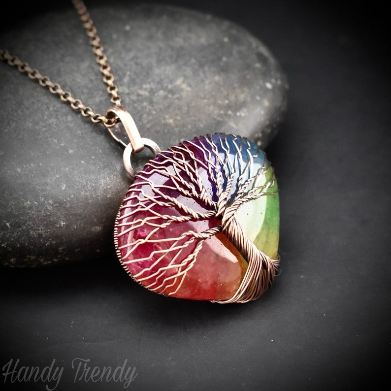 Rainbow solar quartz tree of life pendant, Copper wire wrapped jewelry, Unique handmade gift, Botenical artisan jewelry