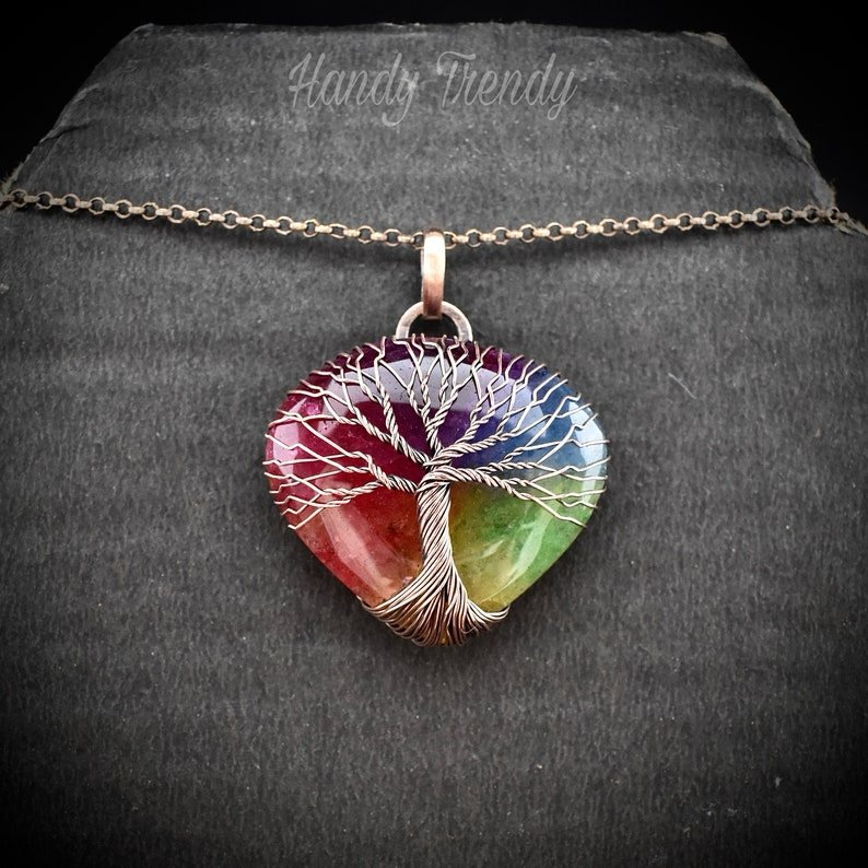 Rainbow solar quartz tree of life pendant, Copper wire wrapped jewelry, Unique handmade gift, Botenical artisan jewelry