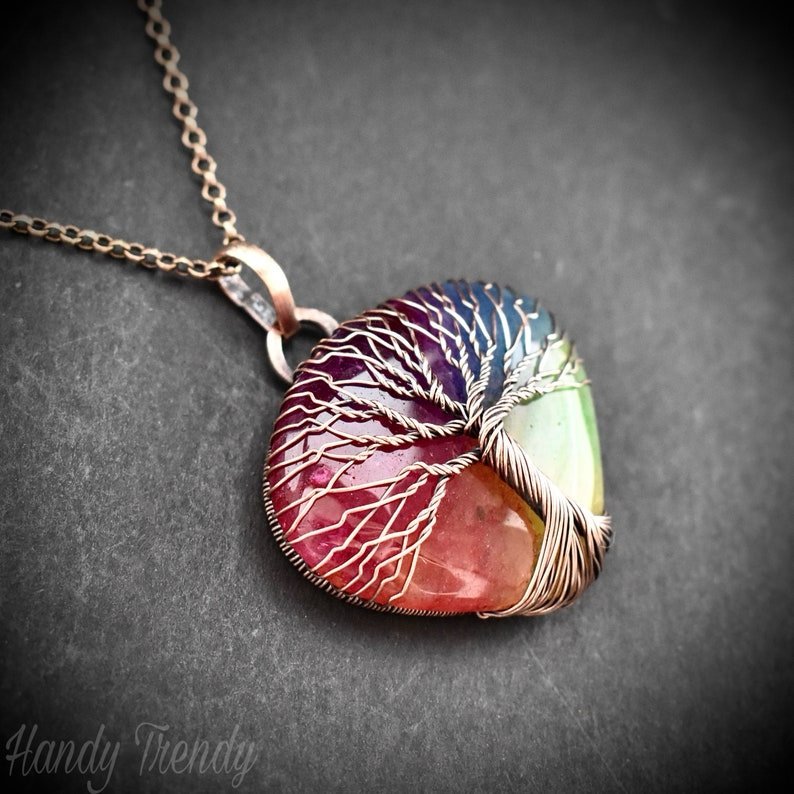 Rainbow solar quartz tree of life pendant, Copper wire wrapped jewelry, Unique handmade gift, Botenical artisan jewelry