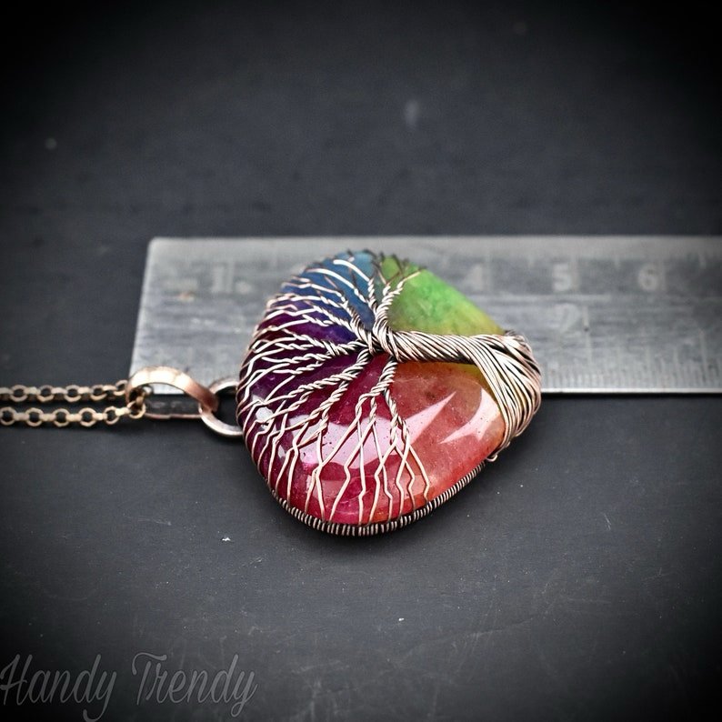 Rainbow solar quartz tree of life pendant, Copper wire wrapped jewelry, Unique handmade gift, Botenical artisan jewelry