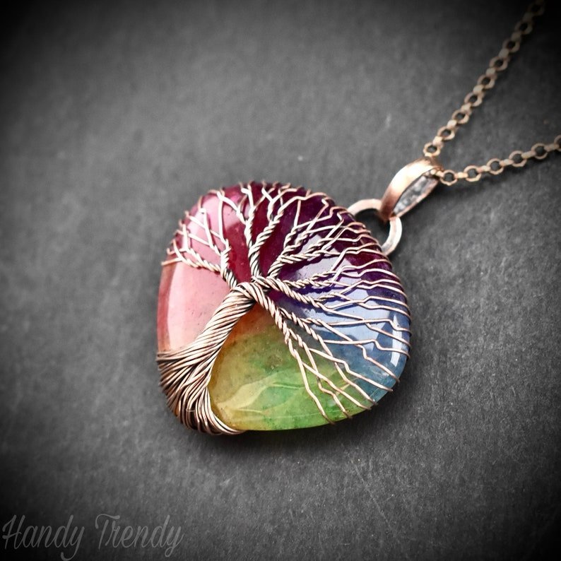 Rainbow solar quartz tree of life pendant, Copper wire wrapped jewelry, Unique handmade gift, Botenical artisan jewelry