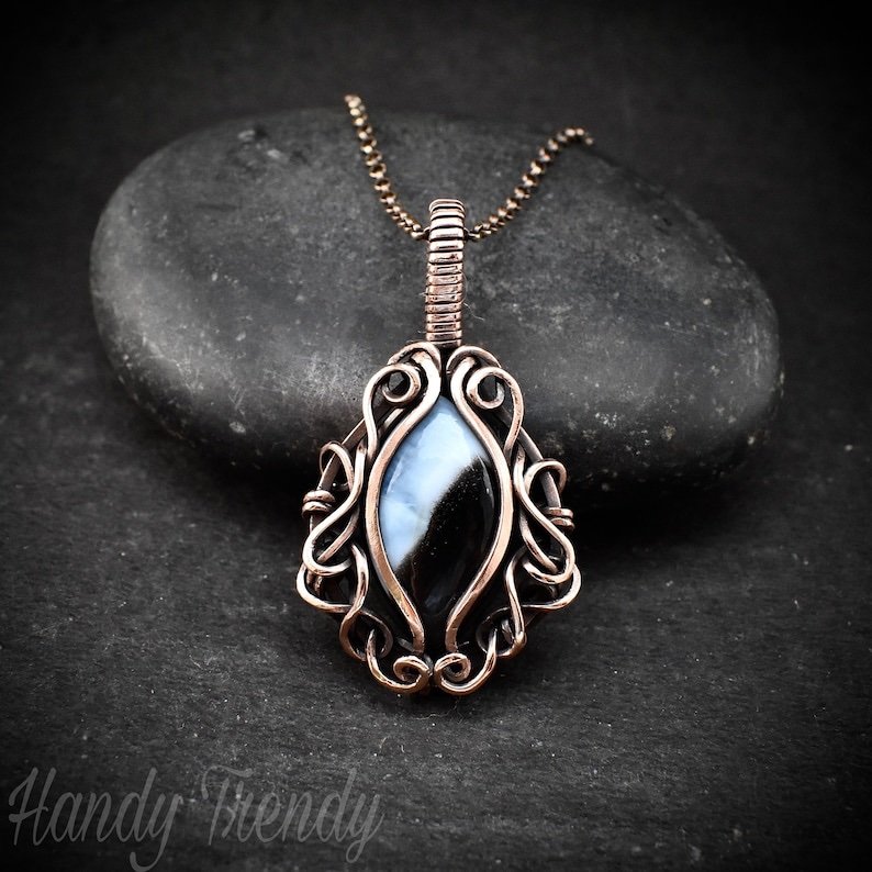 Blue opal pendant, Free-flow copper wire wrapped necklace, Unique handmade gift, One of a kind artisan boho jewelry