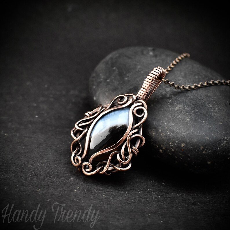 Blue opal pendant, Free-flow copper wire wrapped necklace, Unique handmade gift, One of a kind artisan boho jewelry