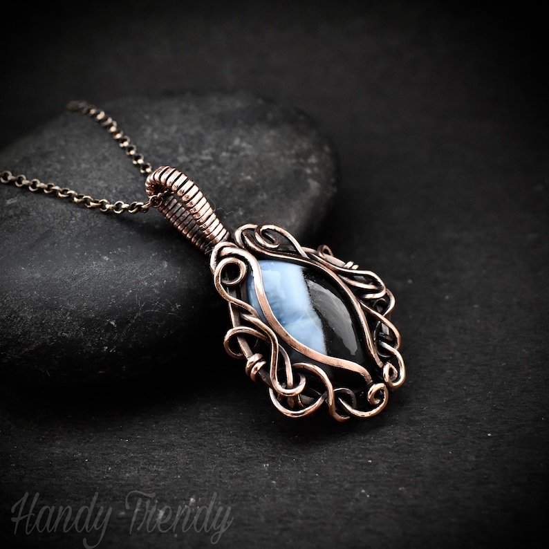 Blue opal pendant, Free-flow copper wire wrapped necklace, Unique handmade gift, One of a kind artisan boho jewelry
