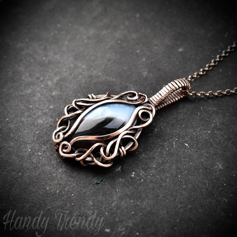 Blue opal pendant, Free-flow copper wire wrapped necklace, Unique handmade gift, One of a kind artisan boho jewelry