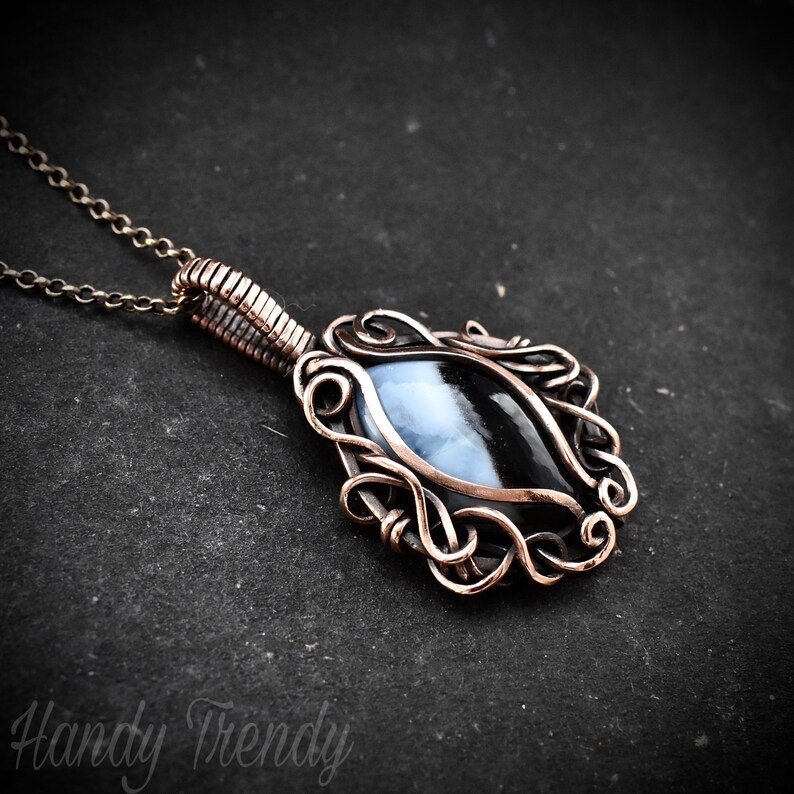 Blue opal pendant, Free-flow copper wire wrapped necklace, Unique handmade gift, One of a kind artisan boho jewelry