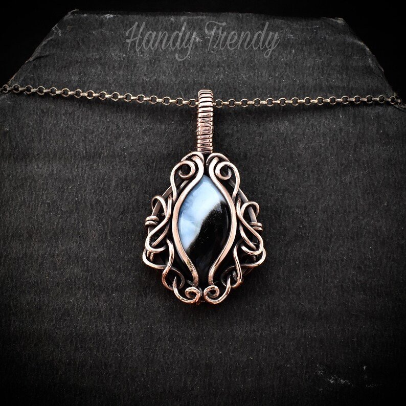 Blue opal pendant, Free-flow copper wire wrapped necklace, Unique handmade gift, One of a kind artisan boho jewelry