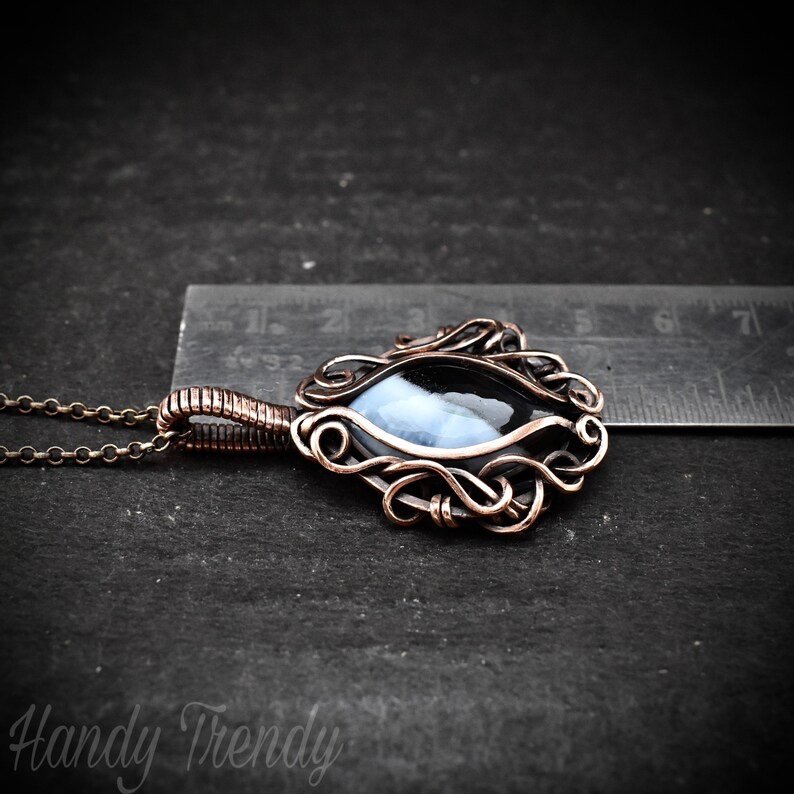 Blue opal pendant, Free-flow copper wire wrapped necklace, Unique handmade gift, One of a kind artisan boho jewelry