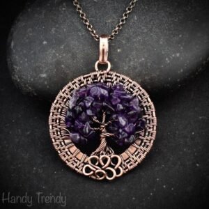 Amethyst beaded tree of life pendant, Copper wire wrap jewelry, Unique handmade gift, One of a kind botanical piece