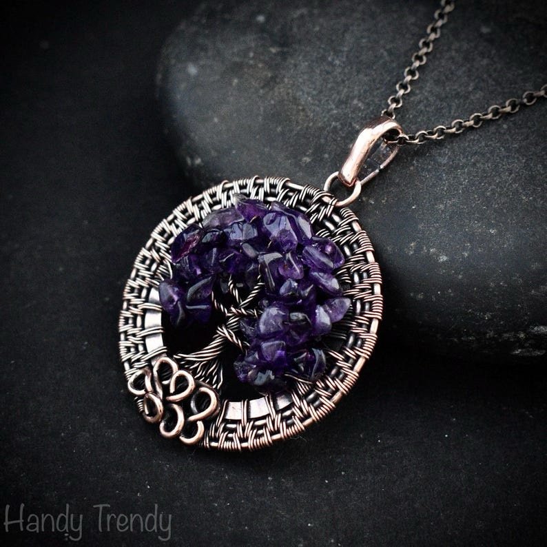 Amethyst beaded tree of life pendant, Copper wire wrap jewelry, Unique handmade gift, One of a kind botanical piece