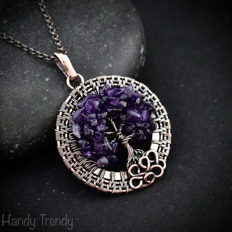 Amethyst beaded tree of life pendant, Copper wire wrap jewelry, Unique handmade gift, One of a kind botanical piece