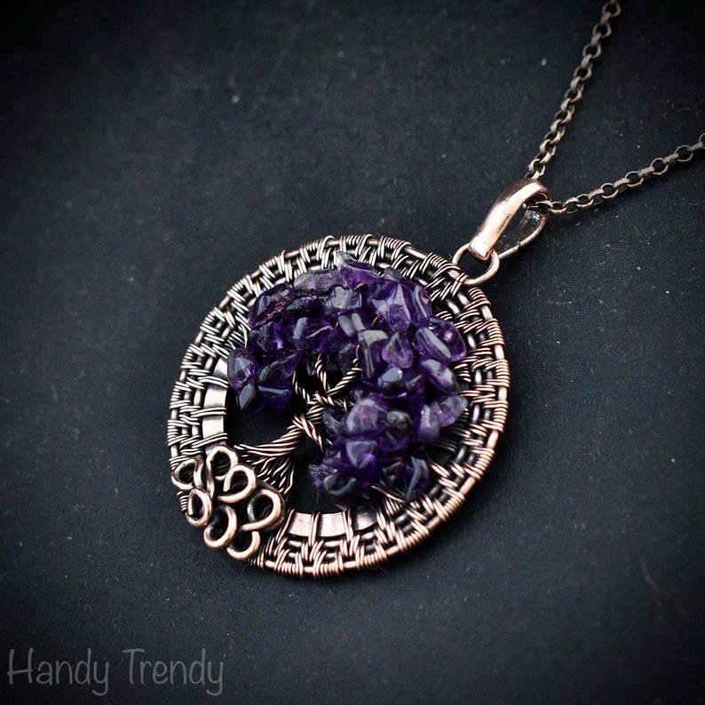 Amethyst beaded tree of life pendant, Copper wire wrap jewelry, Unique handmade gift, One of a kind botanical piece