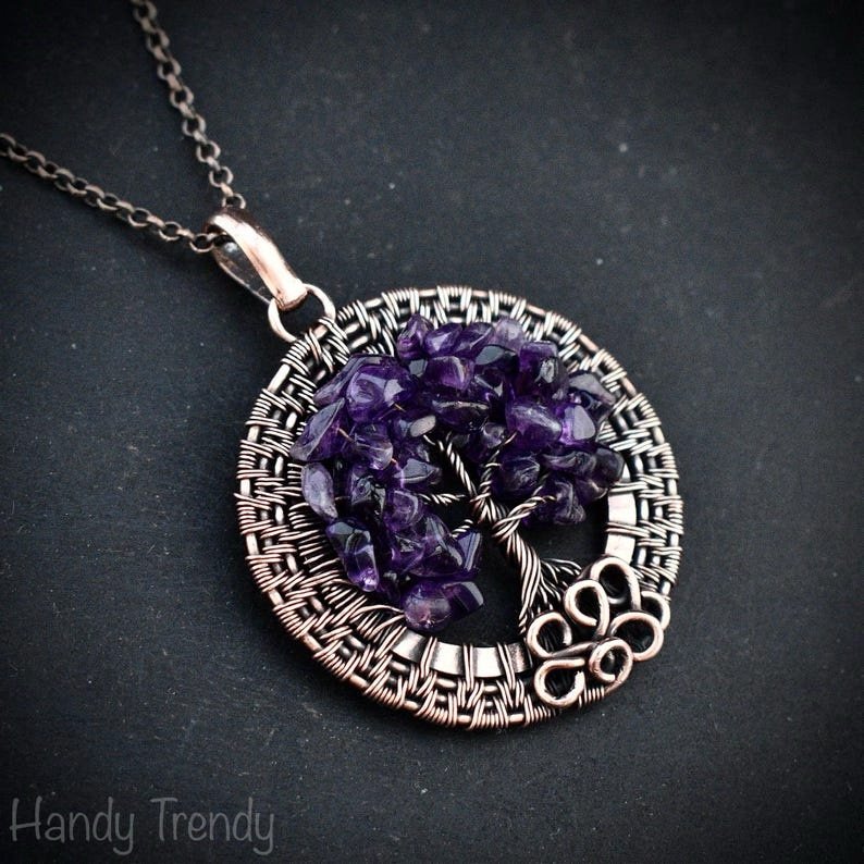 Amethyst beaded tree of life pendant, Copper wire wrap jewelry, Unique handmade gift, One of a kind botanical piece