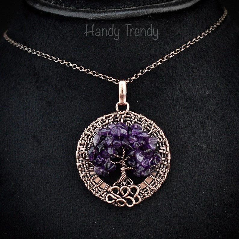 Amethyst beaded tree of life pendant, Copper wire wrap jewelry, Unique handmade gift, One of a kind botanical piece