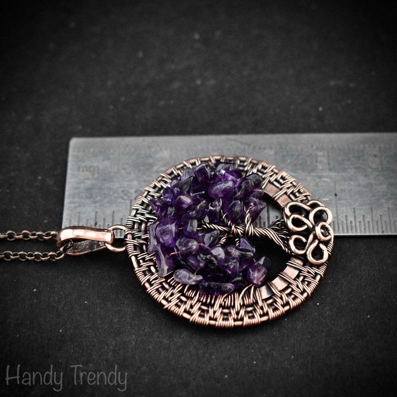 Amethyst beaded tree of life pendant, Copper wire wrap jewelry, Unique handmade gift, One of a kind botanical piece