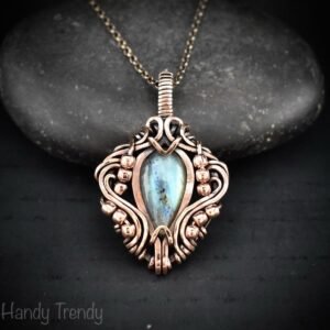 Blue flash labradorite pendant, Free-flow Copper Wire wrapped necklace, Unique handmade gift, One of a kind artisan boho jewelry