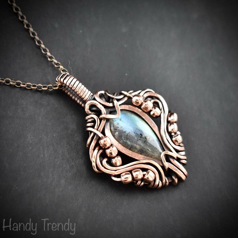 Blue flash labradorite pendant, Free-flow Copper Wire wrapped necklace, Unique handmade gift, One of a kind artisan boho jewelry