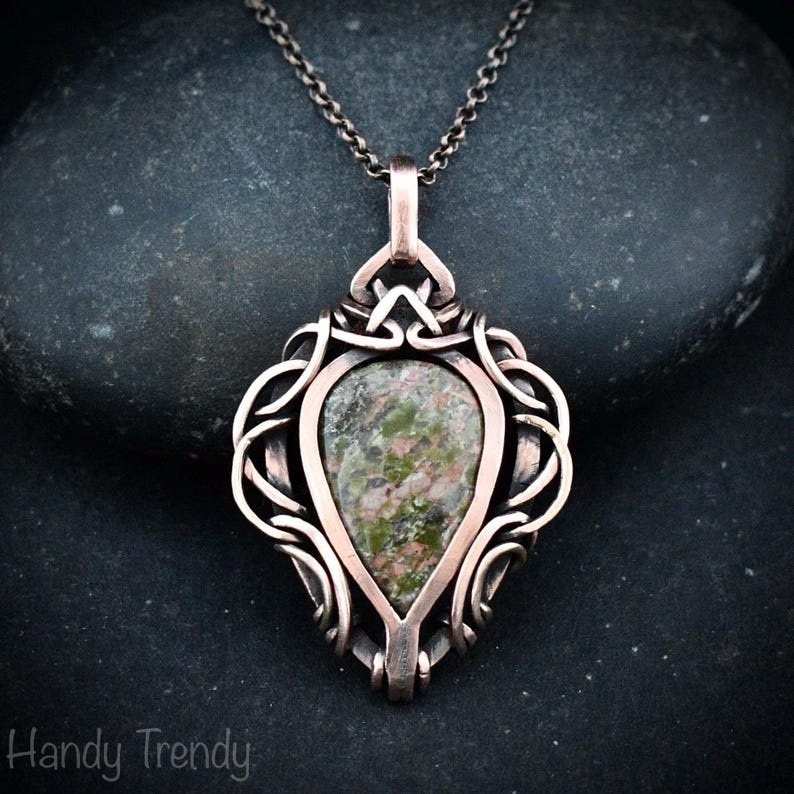 Unakite pendant, Free flow copper wire wrapped necklace, Unique handmade gift, One of a kind jewelry, Artisan boho jewelry