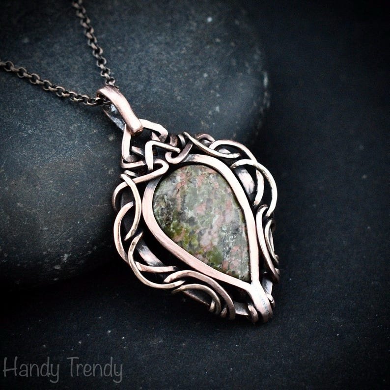 Unakite pendant, Free flow copper wire wrapped necklace, Unique handmade gift, One of a kind jewelry, Artisan boho jewelry