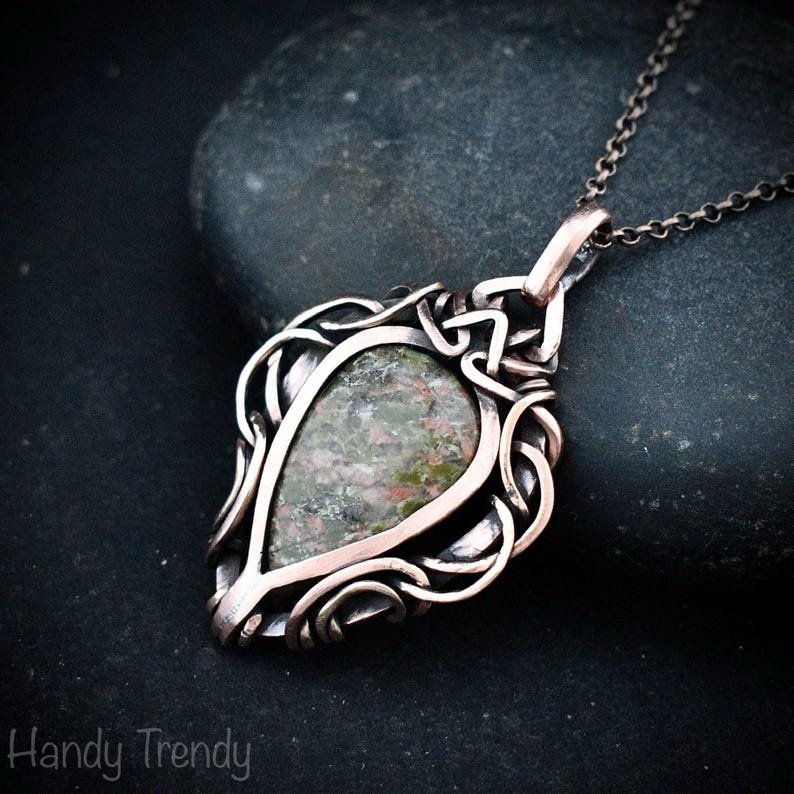 Unakite pendant, Free flow copper wire wrapped necklace, Unique handmade gift, One of a kind jewelry, Artisan boho jewelry