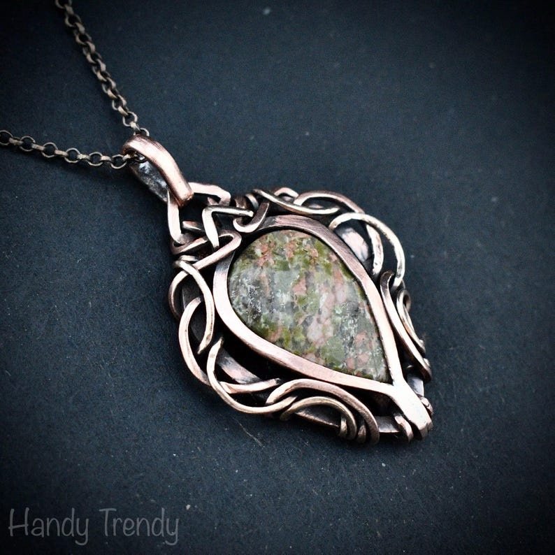 Unakite pendant, Free flow copper wire wrapped necklace, Unique handmade gift, One of a kind jewelry, Artisan boho jewelry