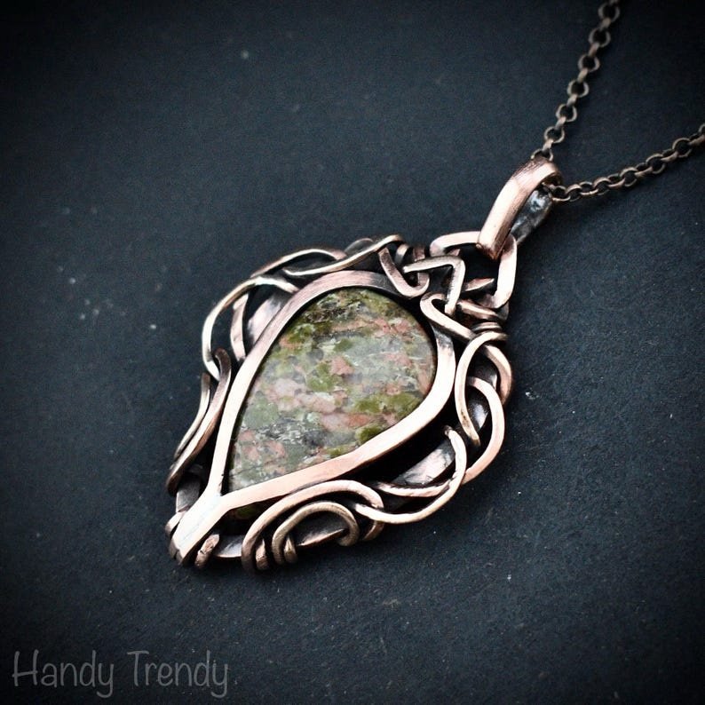 Unakite pendant, Free flow copper wire wrapped necklace, Unique handmade gift, One of a kind jewelry, Artisan boho jewelry