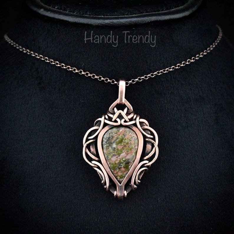 Unakite pendant, Free flow copper wire wrapped necklace, Unique handmade gift, One of a kind jewelry, Artisan boho jewelry