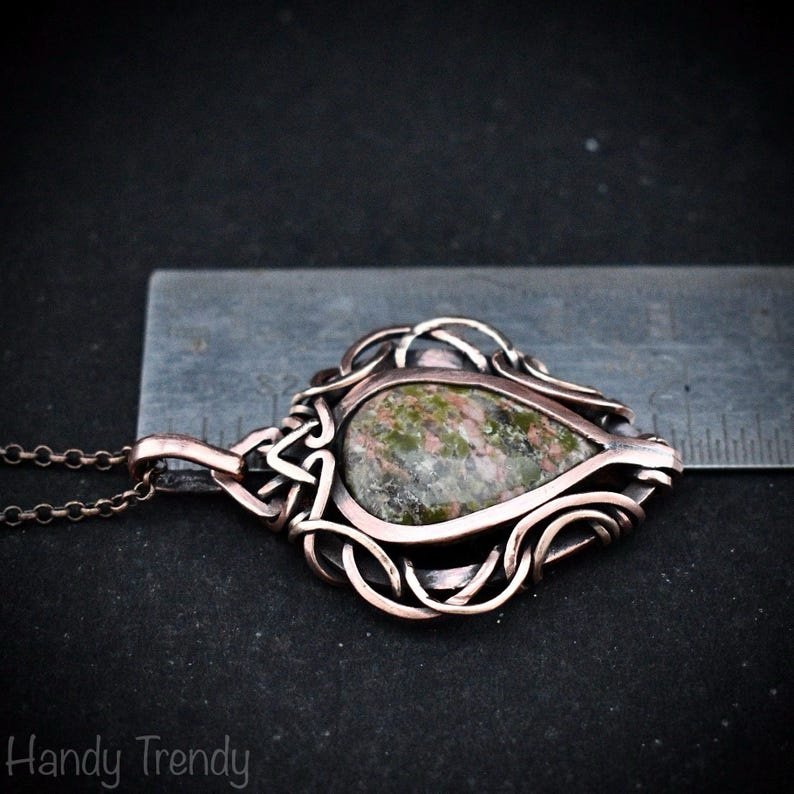 Unakite pendant, Free flow copper wire wrapped necklace, Unique handmade gift, One of a kind jewelry, Artisan boho jewelry