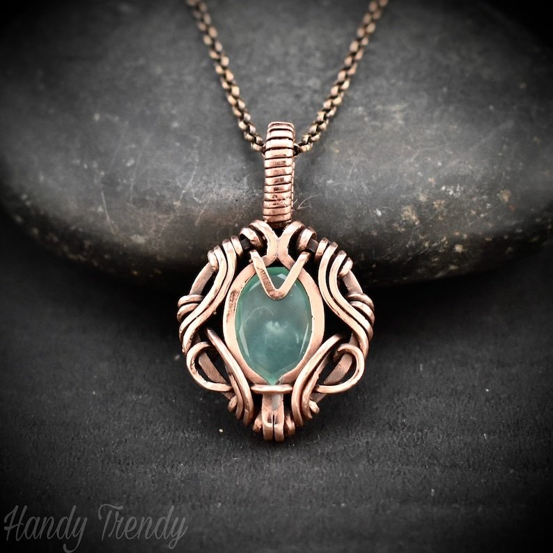 Green aventurine pendant, Free flow necklace, Copper wire wrapped jewelry, Unique handmade gift, One of a kind talisman design
