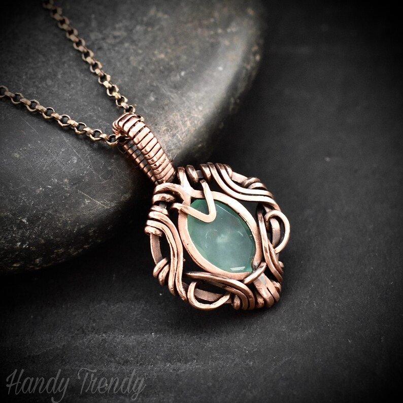 Green aventurine pendant, Free flow necklace, Copper wire wrapped jewelry, Unique handmade gift, One of a kind talisman design