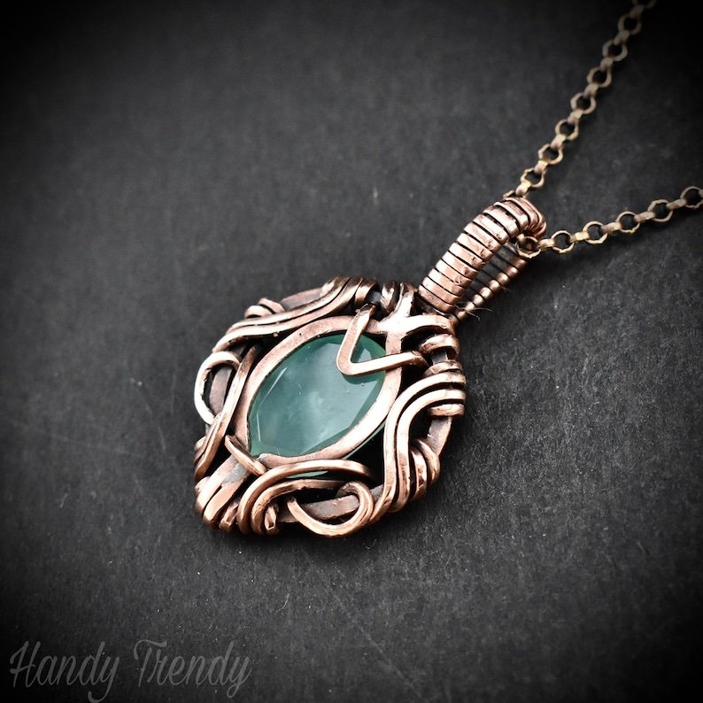 Green aventurine pendant, Free flow necklace, Copper wire wrapped jewelry, Unique handmade gift, One of a kind talisman design