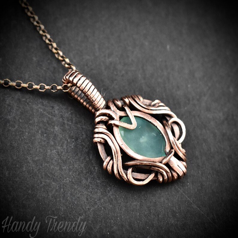 Green aventurine pendant, Free flow necklace, Copper wire wrapped jewelry, Unique handmade gift, One of a kind talisman design