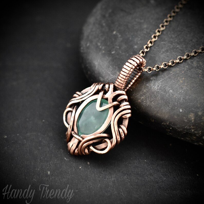 Green aventurine pendant, Free flow necklace, Copper wire wrapped jewelry, Unique handmade gift, One of a kind talisman design