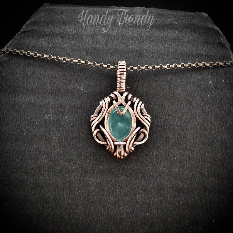 Green aventurine pendant, Free flow necklace, Copper wire wrapped jewelry, Unique handmade gift, One of a kind talisman design