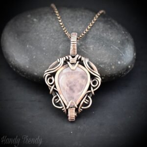 Rose quartz pendant, Free flow copper wire wrapped necklace, Unique handmade gift, One of a kind jewelry, Artisan boho jewelry