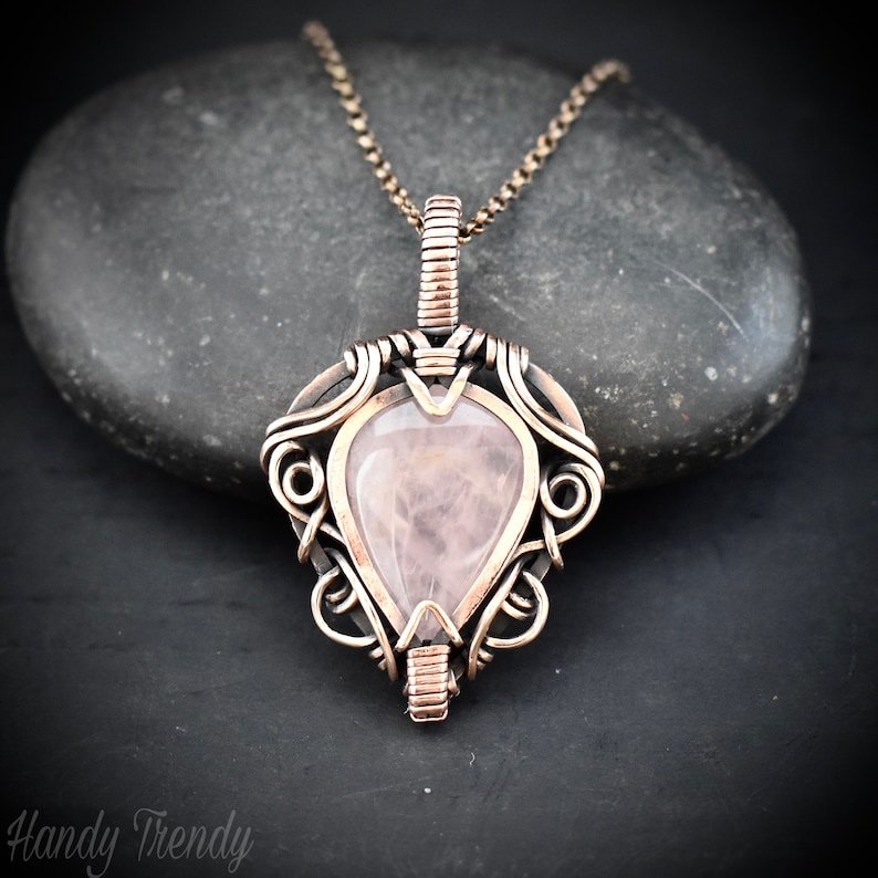 Rose quartz pendant, Free flow copper wire wrapped necklace, Unique handmade gift, One of a kind jewelry, Artisan boho jewelry